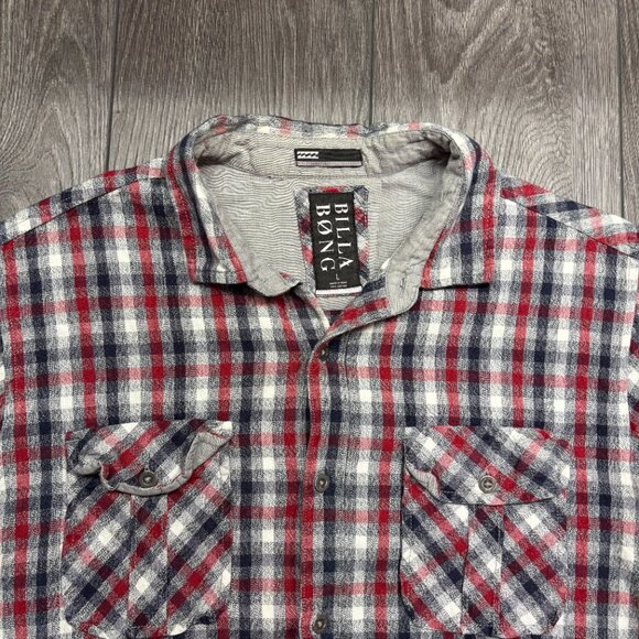 Billabong Flannel Shirt Plaid Large Red Western Surf Elbow Patches - Picture 3 of 10